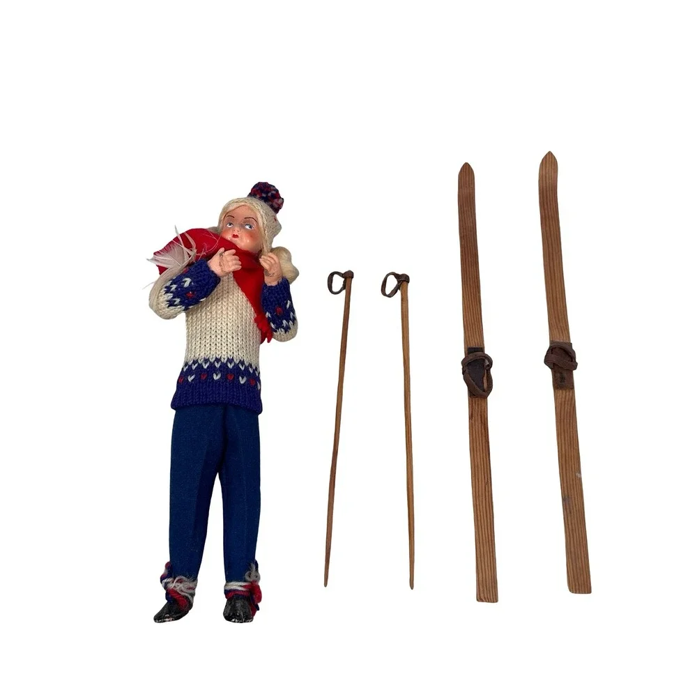 Vintage Scandanavian Handcrafted Skier Doll Wooden Skis Poles Knit Sweater 10